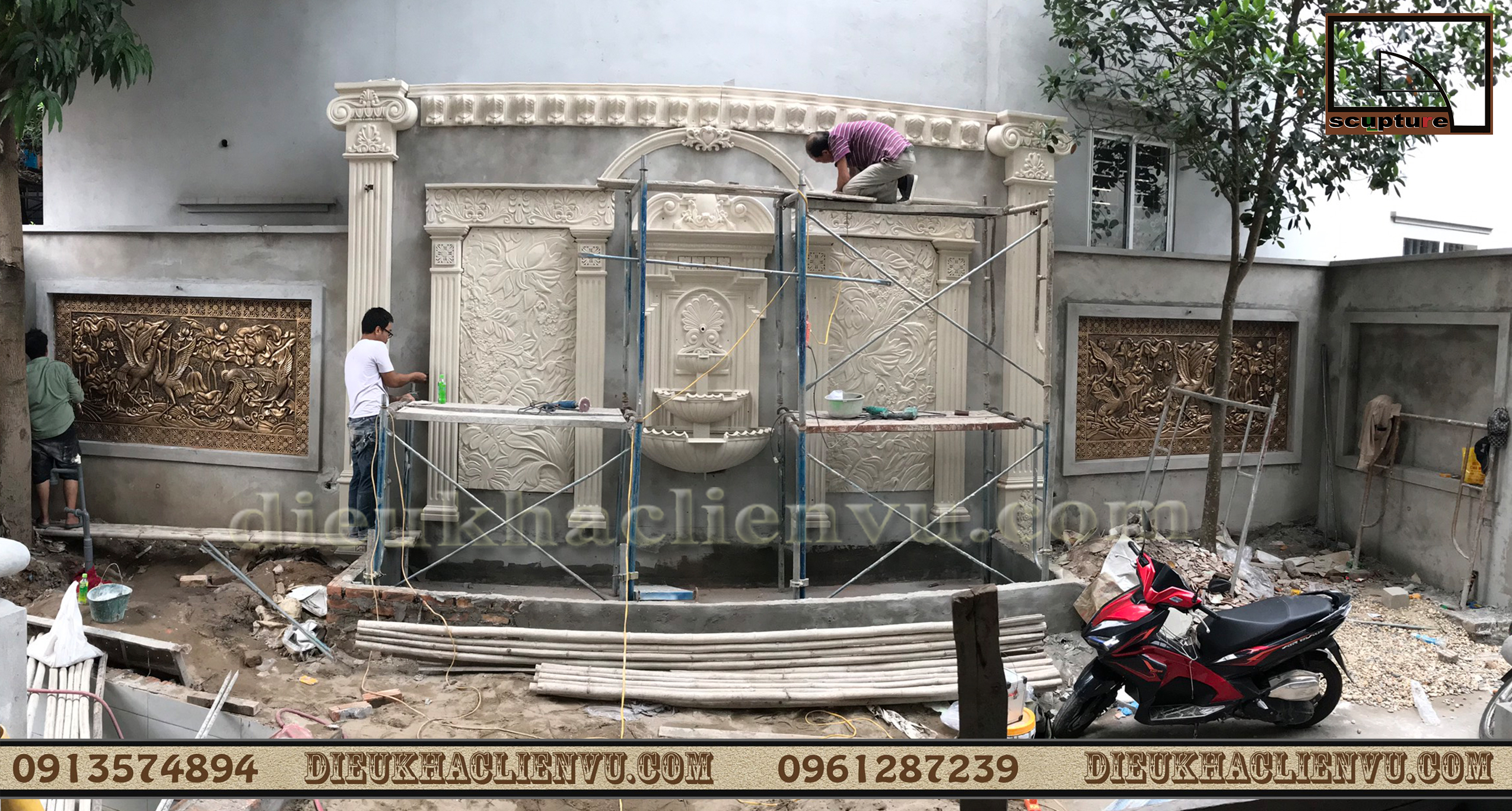 Thi công lắp đặt phù điêu đài phun nước sân vườn